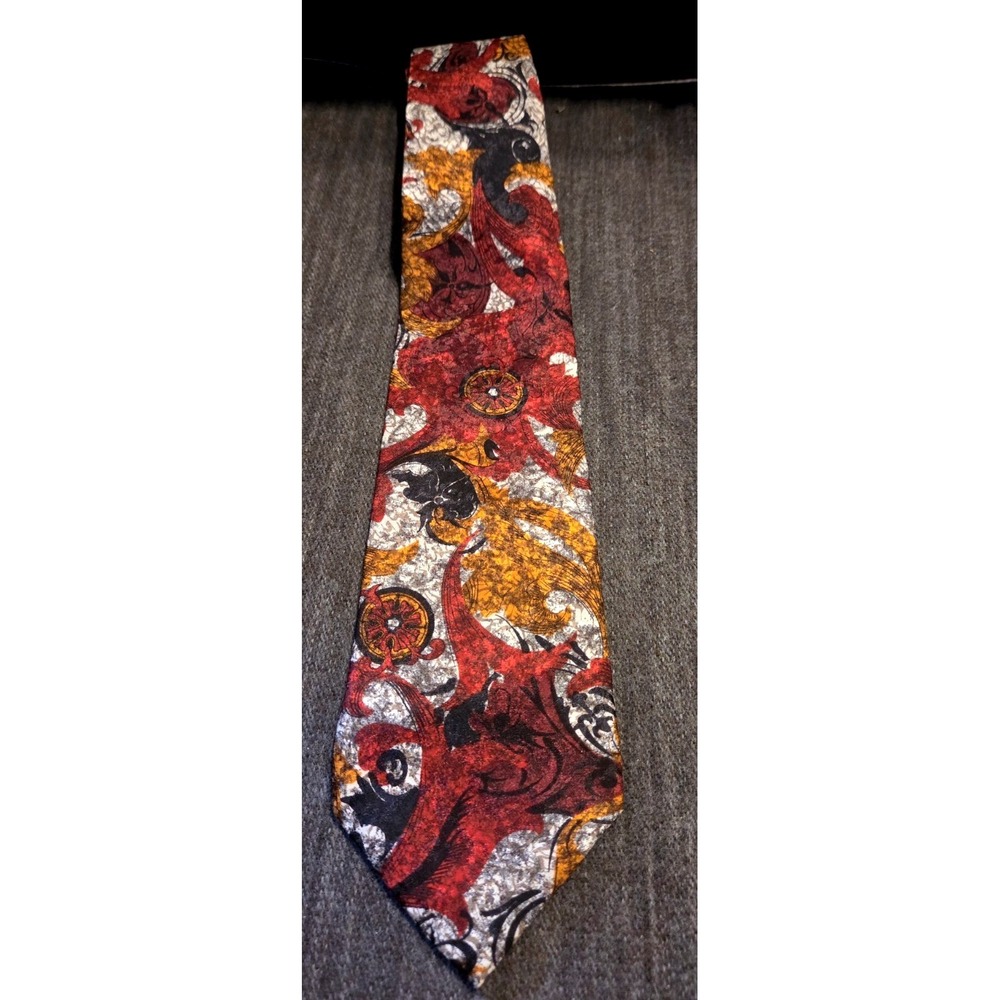Cellini Collection Silk Tie Mens OS Red Orange‎ Abstract Medallion Ornate Art
